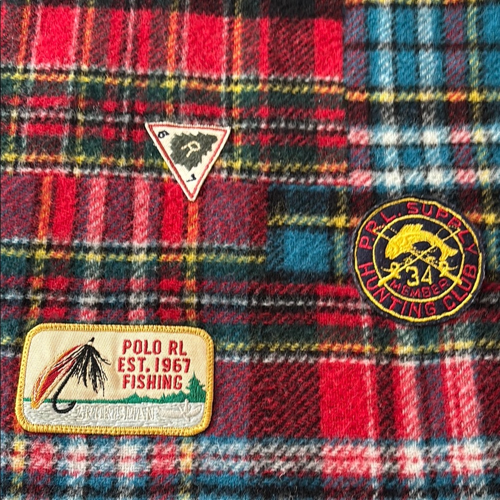 Polo Ralph ITALY Lauren Red Blue WOOL BLEND Plaid FISHING HUNTING PATCHES SCARF - Picture 3 of 12
